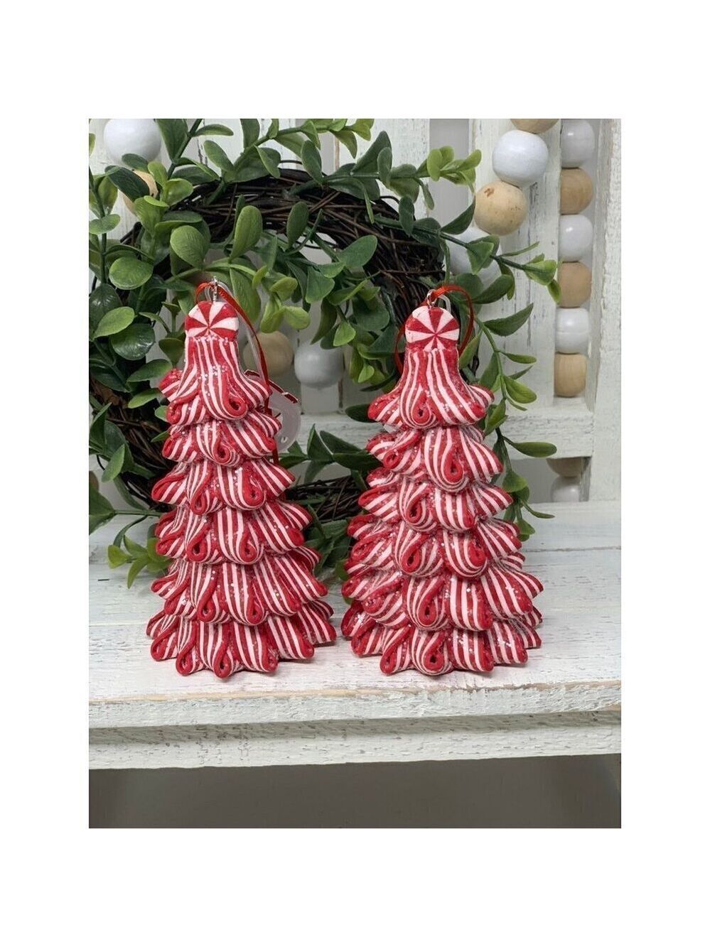 Christmas Peppermint Tree Ornament Candy Cane Striped Ribbon Candy Red White New - Picture 3 of 5